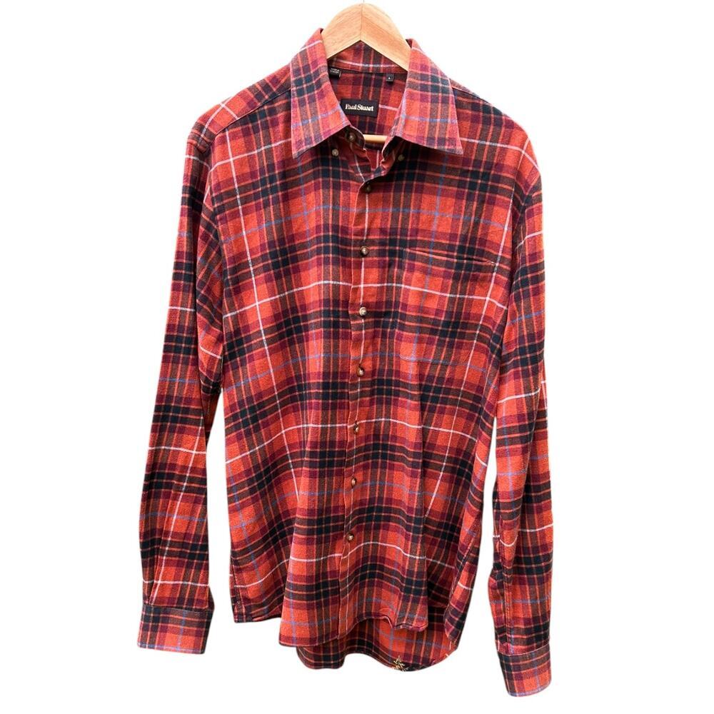 Paul Stuart Flannel Button Down Shirt Plaid Cotton Burnt Orange Top size Large